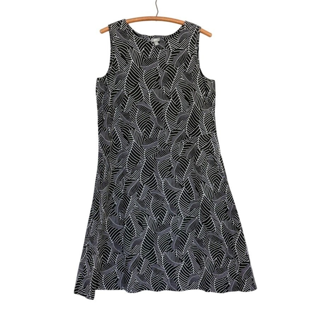 J Jill sz. M White Leaf Print Linen Cotton Sleeveless Shift Dress Pockets Tropic